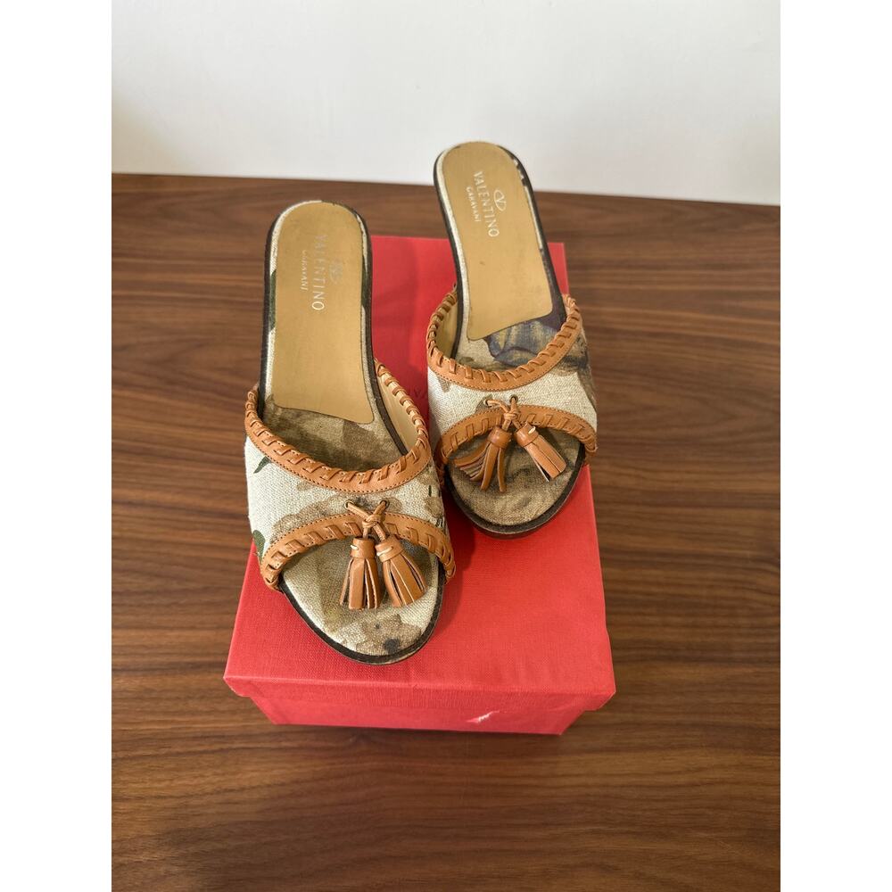 Vintage Valentino Tassel Slide Wooden Heels Braided Leather and Canvas Size 10